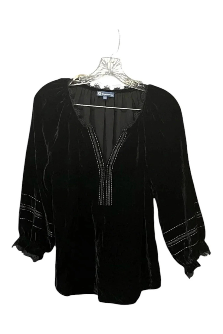 Democracy Women's 3/4-Sleeve Embroidered Velvet Top Black - Regular